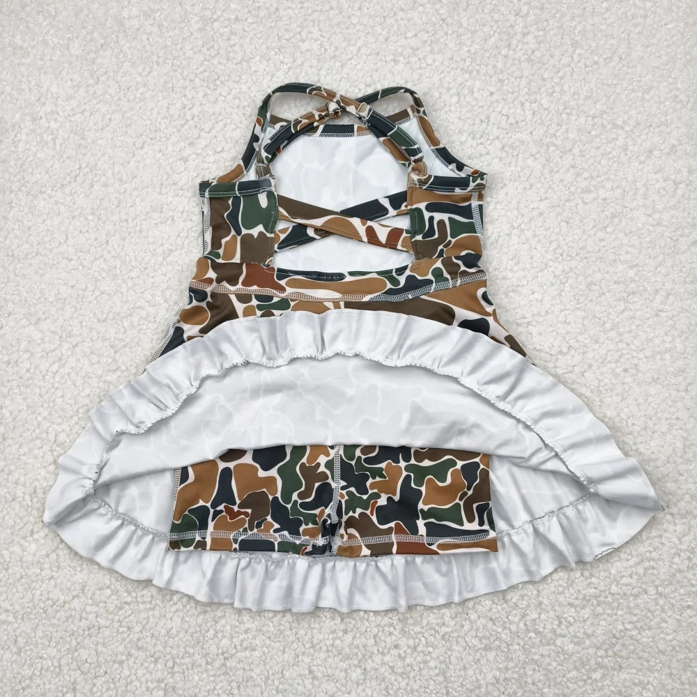 Sibling Baby Girls Strap Bows Floral Camo Print Yoga Activity Wear Ruffle Knee Length Dresses 4.26