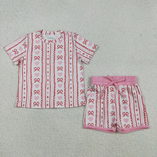 GSSO2738 Baby Girls Pink Bows Hearts Stripe Top Pockets Shorts Valentines Clothes Set C12.9