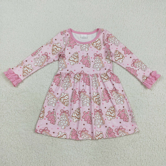 GLD1124 Baby Girls Long Ruffle Sleeves Pink Bows Christmas Trees Knee Length Dress 8.11