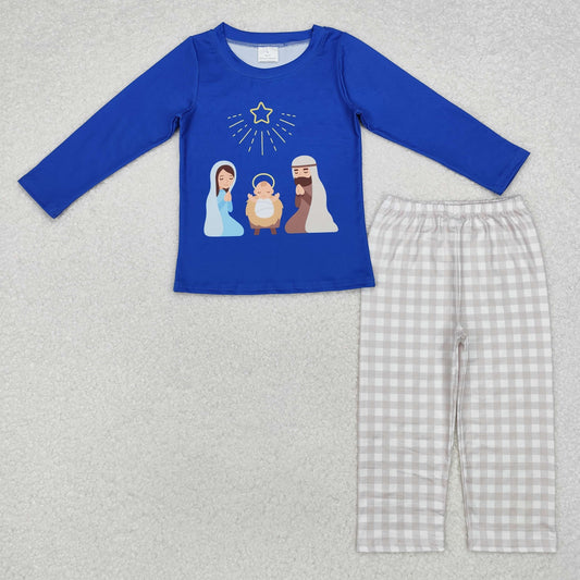 BLP0723 Baby Boys Blue Christmas Nativity Tee Top Pants Clothes Set