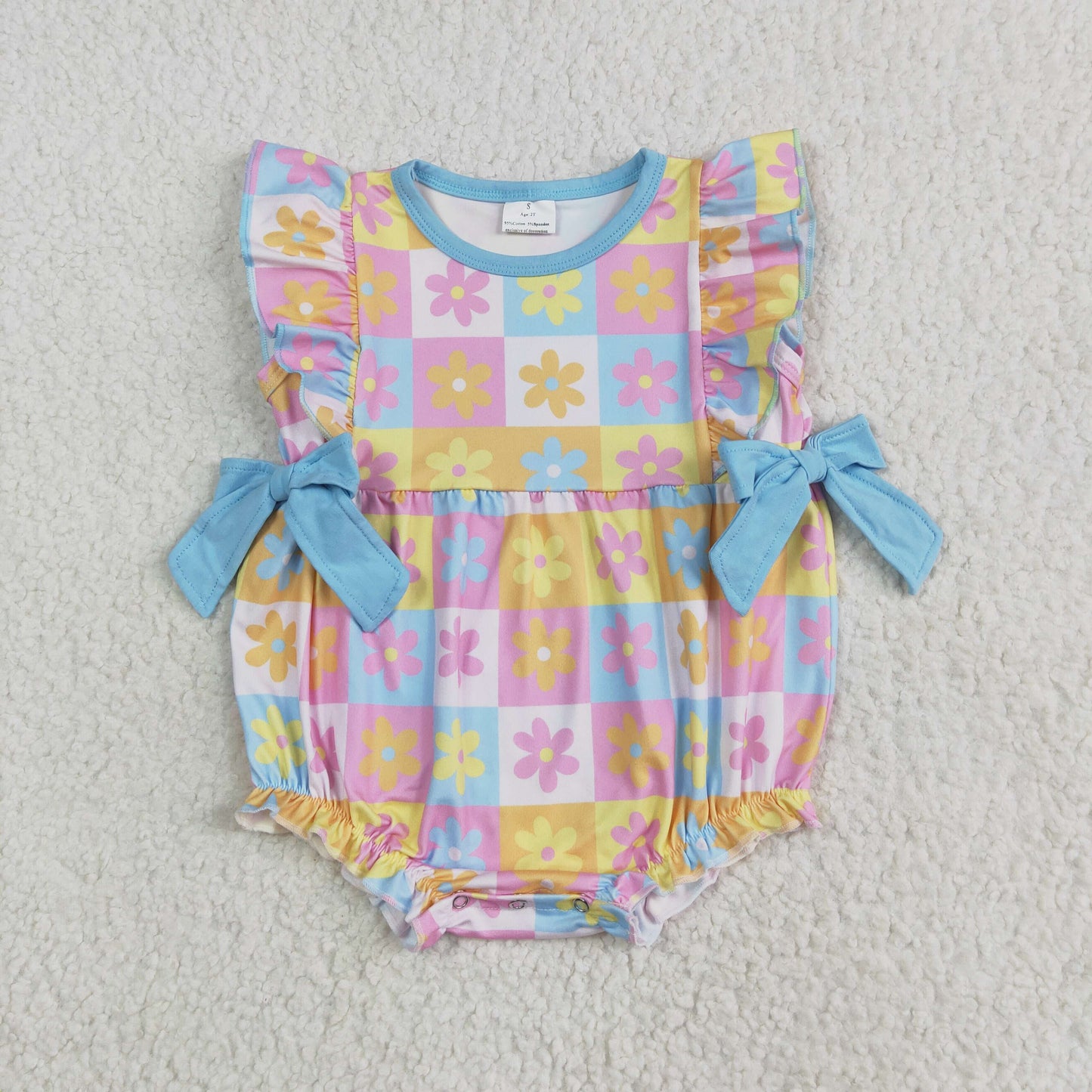 SR3090 Baby Girls Flutter Sleeves Bows Flowers Plaid Ruffle Romper 6.6