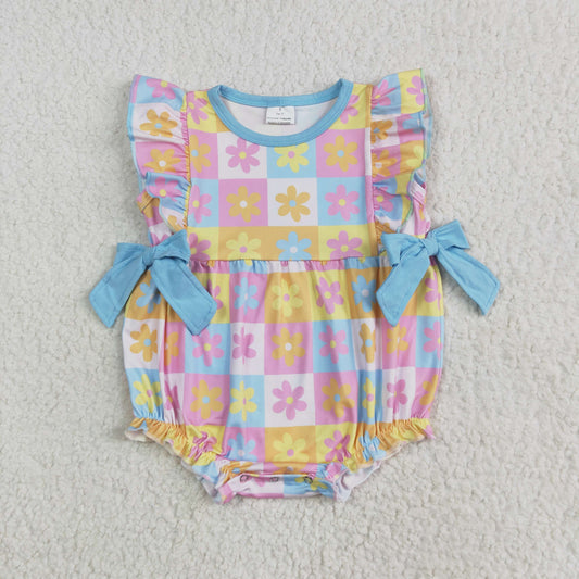 SR3090 Baby Girls Flutter Sleeves Bows Flowers Plaid Ruffle Romper 6.6
