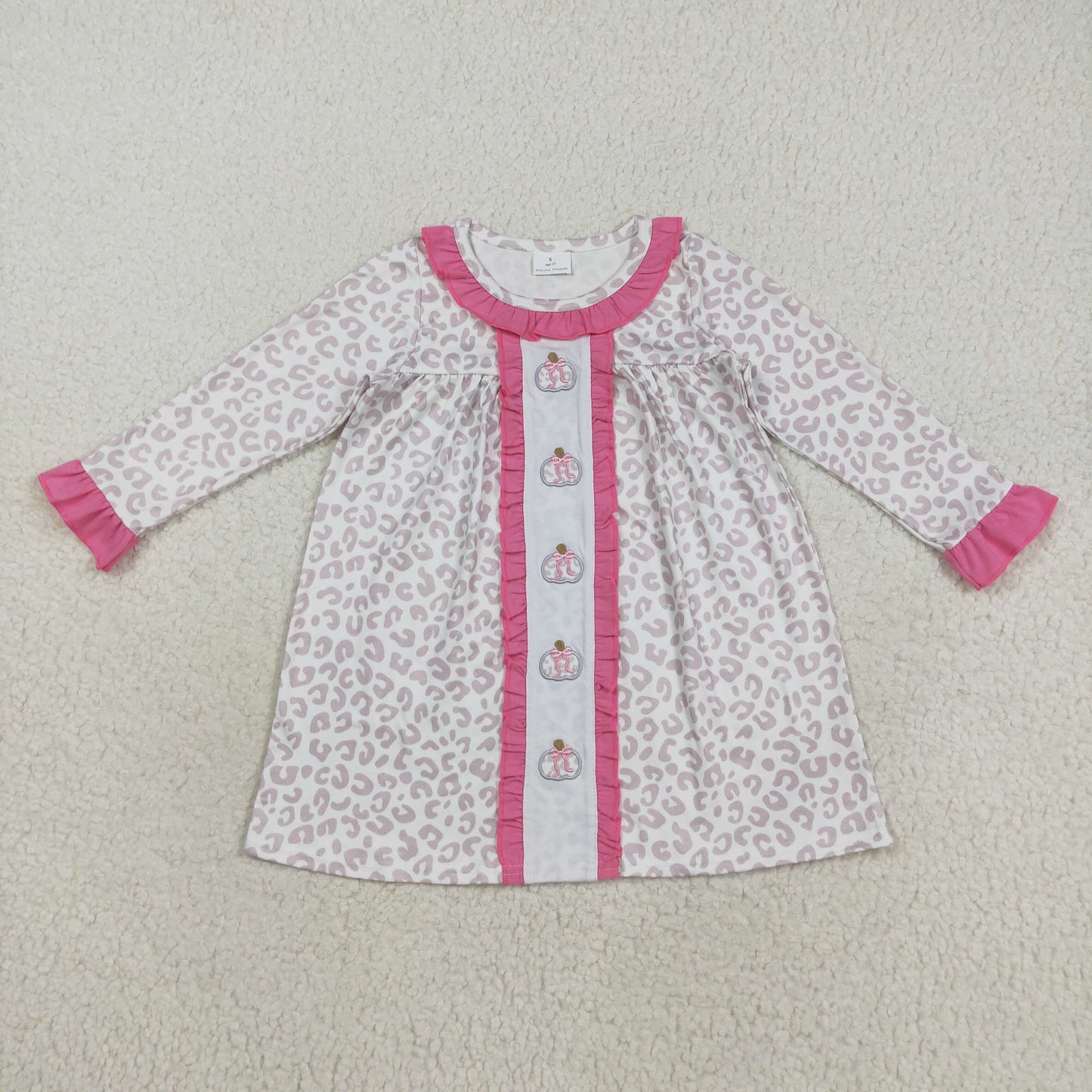 GLD1054 Embroidery Baby Girls Long Ruffle Sleeves Leopard Bows Pumpkins Knee Length Dress C8.18
