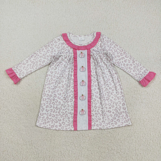 GLD1054 Embroidery Baby Girls Long Ruffle Sleeves Leopard Bows Pumpkins Knee Length Dress C8.18