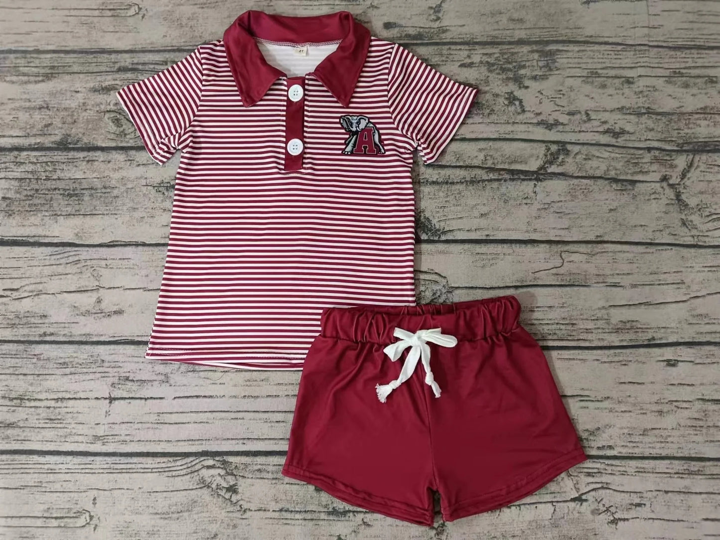 Baby Boys Dark Red Stripes Elephant A Team Short Sleeve Tee Shirt Shorts Clothes Sets preorder(moq 3)