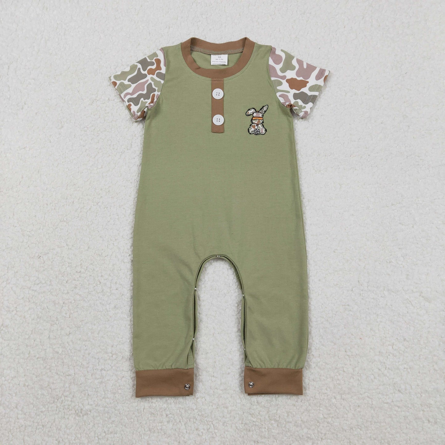 SR3258 Embroidery Baby Boys Olive Camo Rabbit Button Easter Footie Romper C11.21