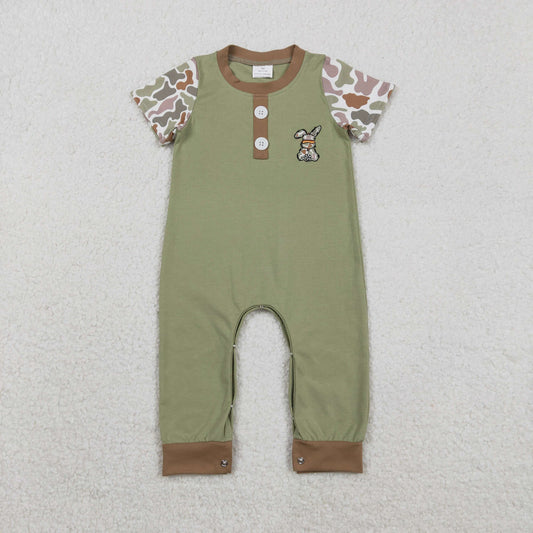 SR3258 Embroidery Baby Boys Olive Camo Rabbit Button Easter Footie Romper C11.21