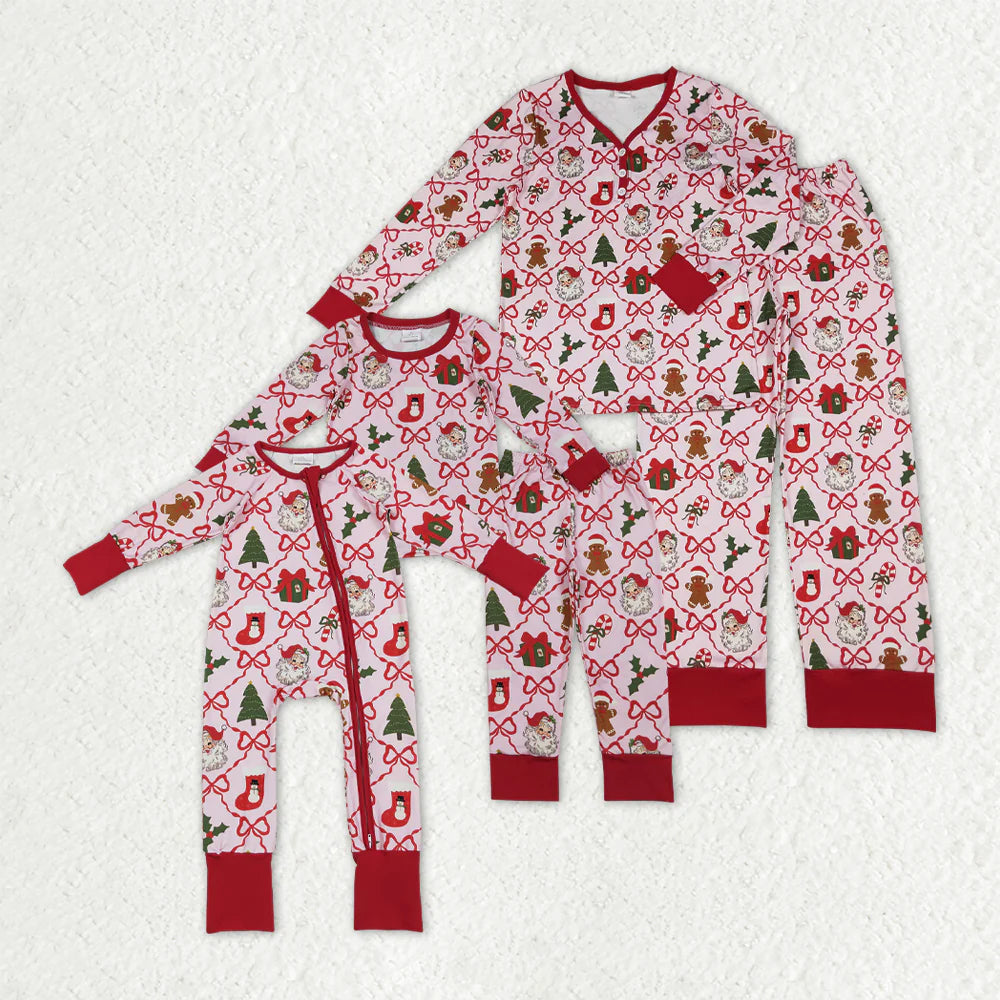 Mama and Me Bows Santa Socks Checked Top Pants Christmas Pajamas Sets Zipper Rompers C10.28