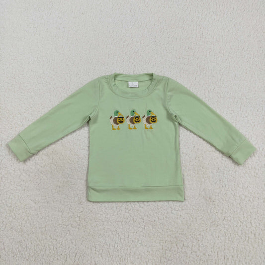 BT1278 Embroidery Baby Boys Green Long Sleeves Ghost Pumpkins Ducks Tee Shirts Top 8.9