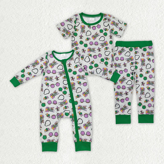 Sibling Baby Boys Green Mardi Gras Rompers Pajamas