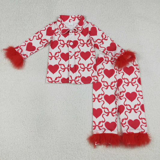 Baby Girls Red Fur Long Sleeves Hearts Bows Buttons Shirt Pants Valentine Set Pajamas RTS