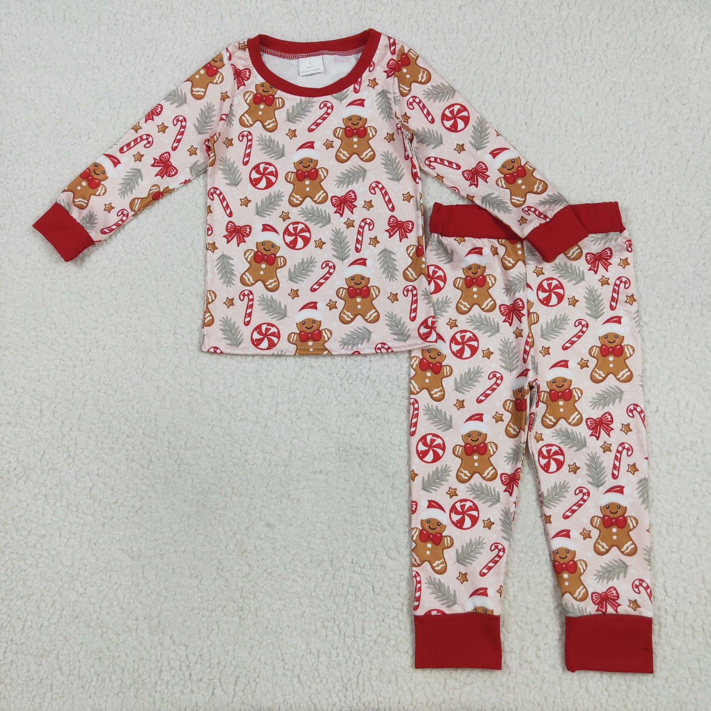 BLP1093 Baby Boys Red Long Sleeves Gingerbread Candy Cane Top Pant Pajamas Set 8.8