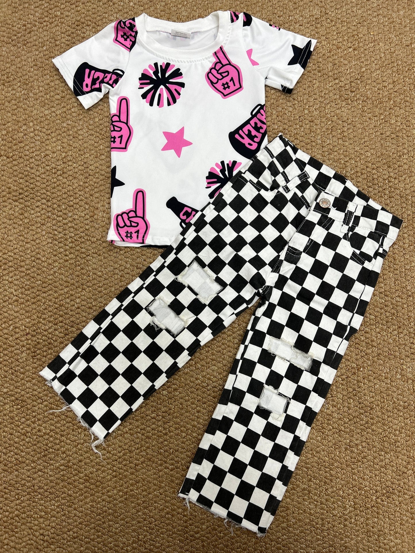 GT0994+P0122 Baby Girls Cheer Pink Shirt Black Checkered Denim Pants Clothes Set 7.28
