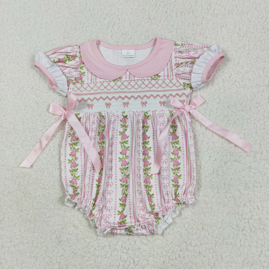SR2994 Embroidery Baby Infant Girls Pink Floral Bows Ruffle Romper 5.30