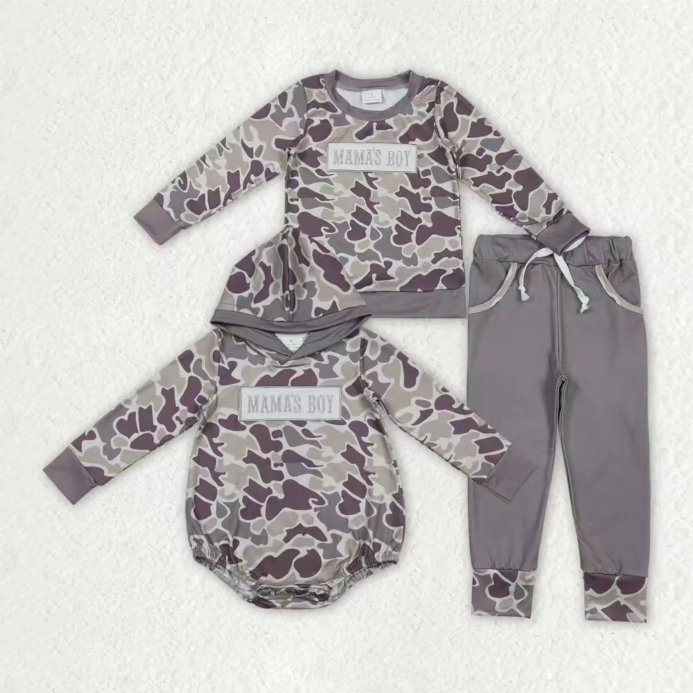 Sibling Baby Boys Embroidery Mama's Boy Grey Camo Pockets Pants Clothes Sets Hoodie Romper C12.1