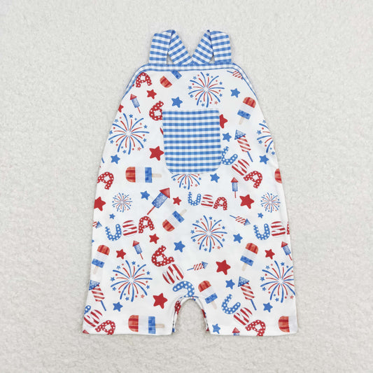 SR1366 4th of July Stars fireworks blue and white checkered pocket strap jumpsuit