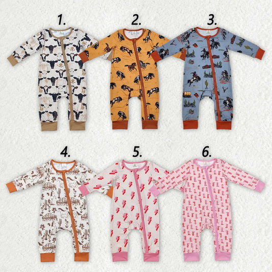 Sibling Baby Infant Boys Girls Western Bamboo Zip Rompers