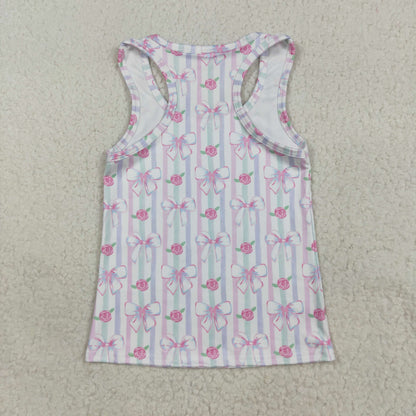 GT1014 Baby Girls Sleeveless Lavender Bows Flowers Stripe Yoga Shirts Top 7.17