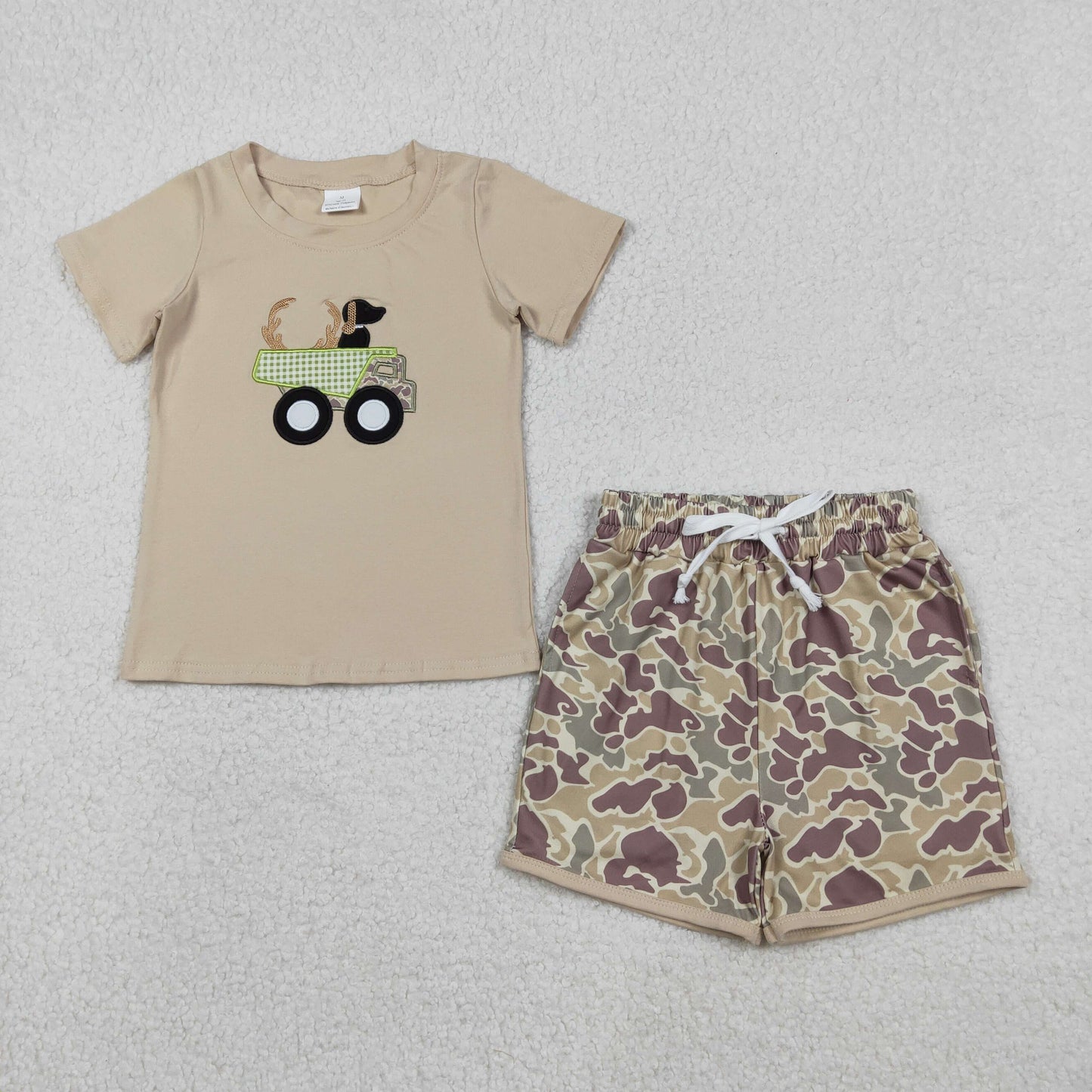 BSSO1576 Embroidery Embroidery Deer Truck Baby Boys Khaki Top Camo Shorts Hunting Clothes Set C12.8