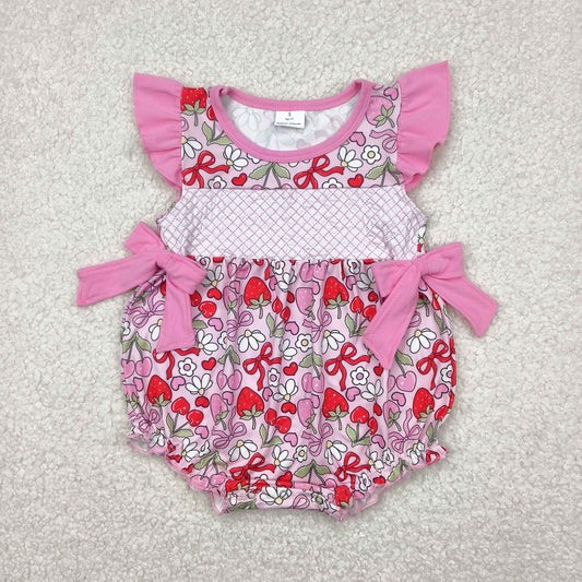 SR2953 Baby Infant Girls Pink Flutter Sleeves Bows Floral Strawberry Ruffle Romper