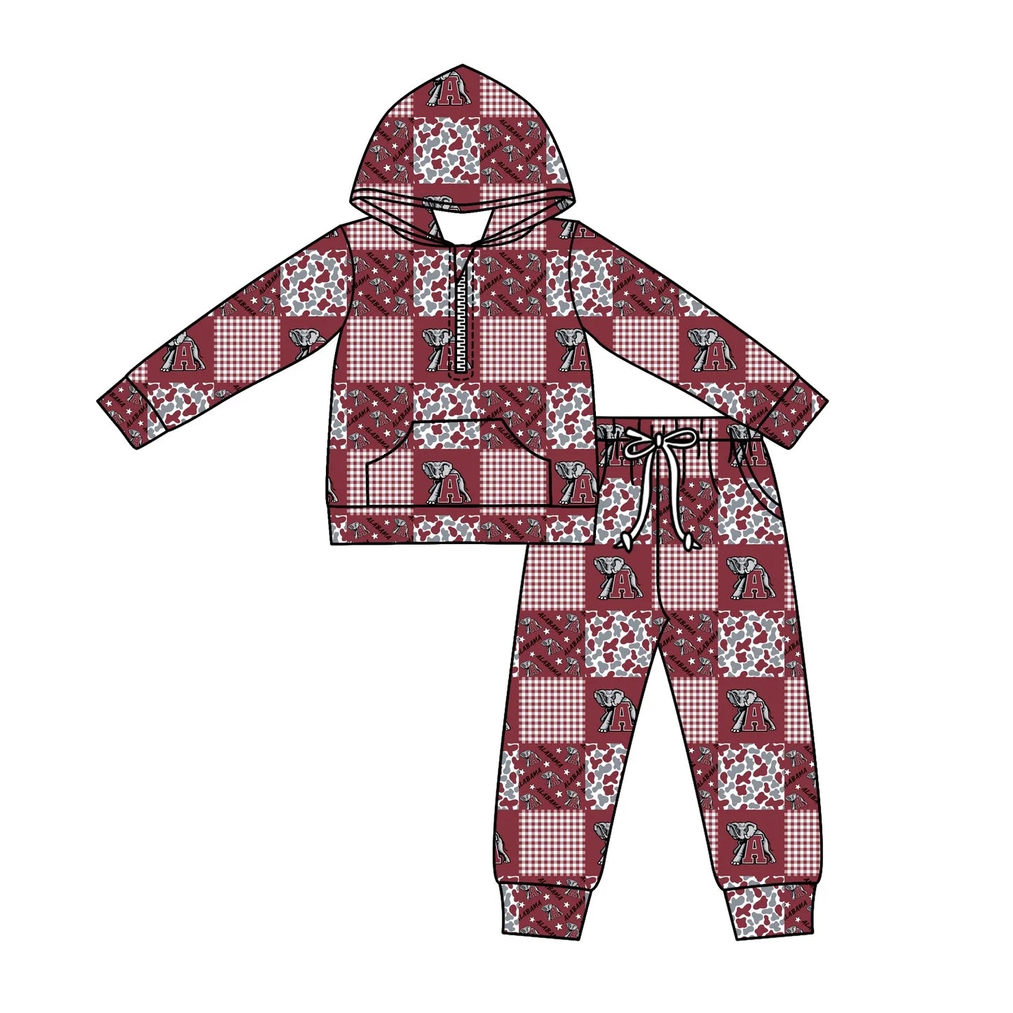 C12.3 Custom Moq 5 Baby Boys Camo A Elephants Checked Zipper Pockets Hoodies Pants Team Clothes Sets
