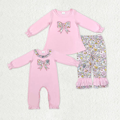 Sibling Embroidery Floral Bows Baby Girls Ruffle Pants Clothes Footie Rompers C10.28