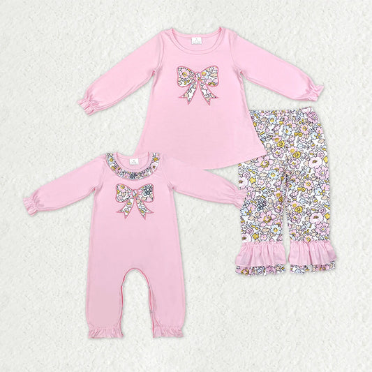 Sibling Embroidery Floral Bows Baby Girls Ruffle Pants Clothes Footie Rompers C10.28