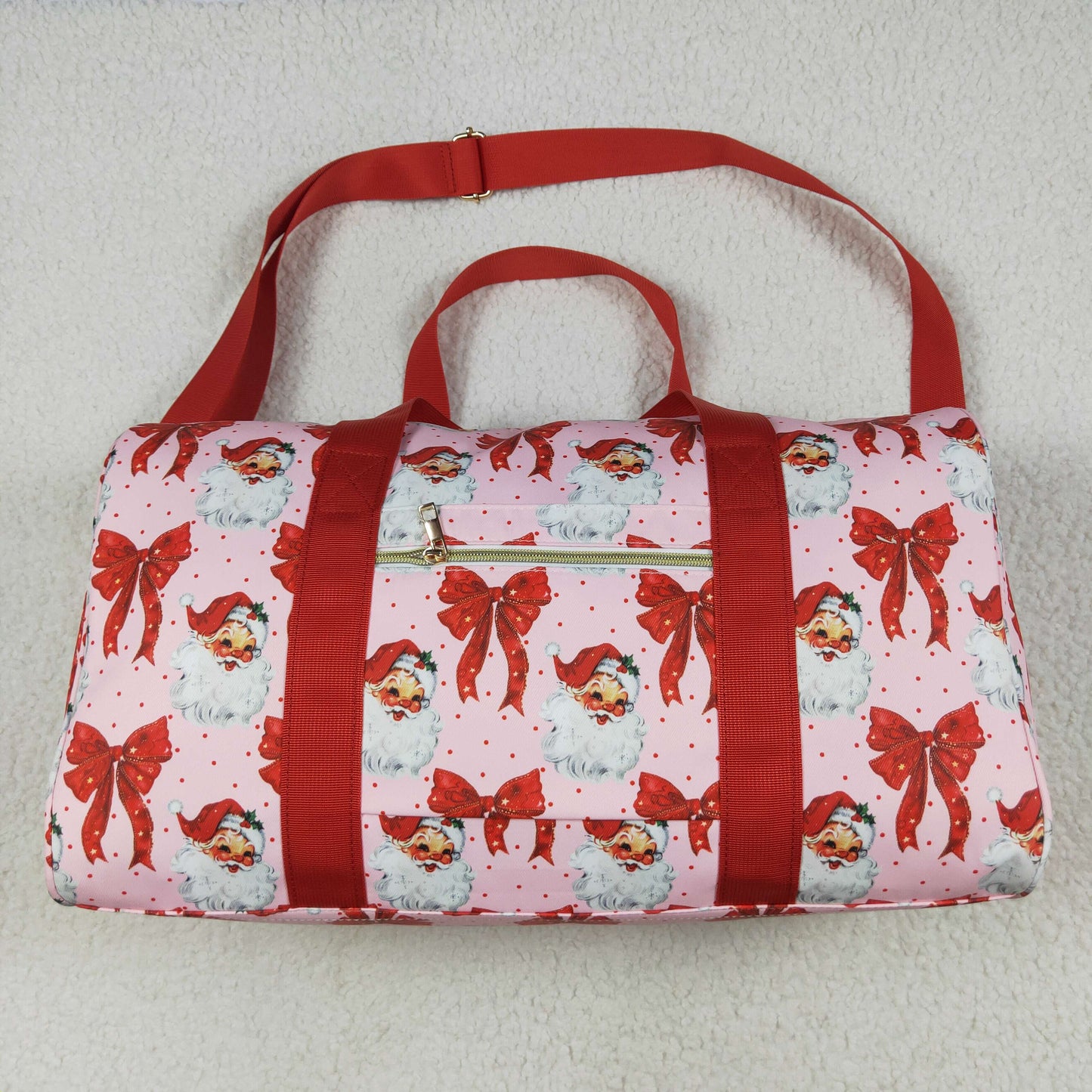 BA0306 Red Ruffle Bows Santa Print Zipper Gym Bags 7.7