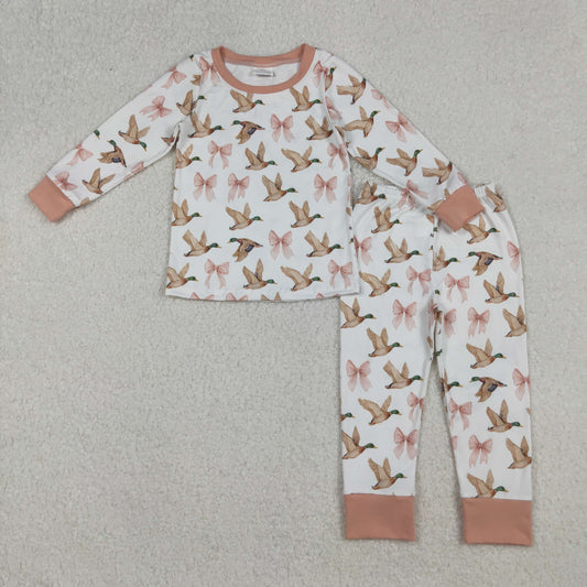 GLP2687 Baby Girls Ducks Bows Plaid Top Pants Pajamas Set C9.26