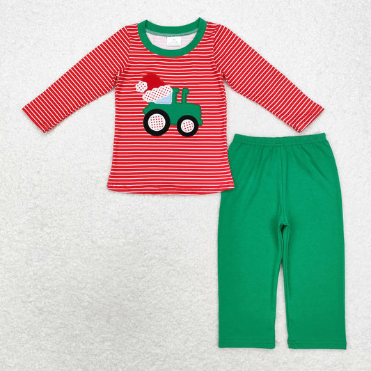 BLP0679 Embroidered Christmas hat tractor stripe red long sleeve green pantsuit