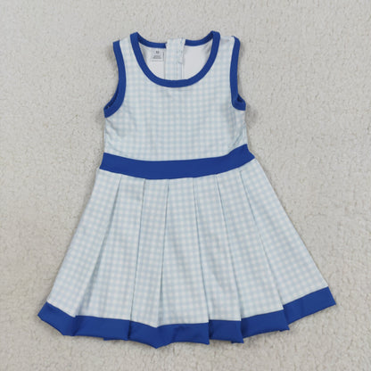 GSD2759 Baby Girls Blue Plaid Sleeveless Zipper Shorts Yoga Knee Length Dress 8.12