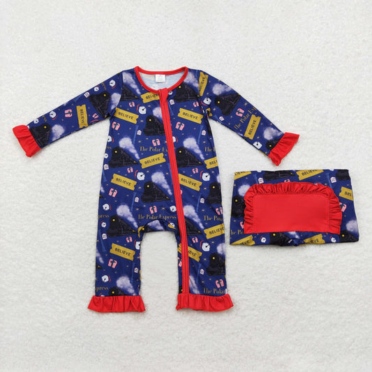 LR1132 Bamboo train lace navy blue zip-up long-sleeved onesie