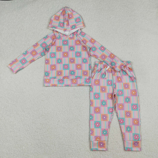 GLP2853 Baby Girls Flowers Checked Hoodies Pockets Pants Clothes Set C10.14