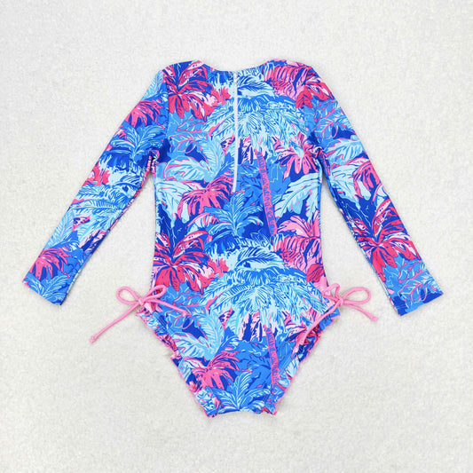 S0377 Tree forest pattern blue zipper long-sleeved one-piece swimsuit