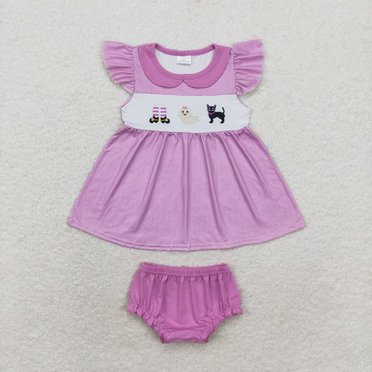 GBO0415 Embroidery Halloween Ghost Cat doll collar purple plaid flying sleeve briefs suit