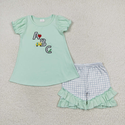 GSSO0930 Embroidered ABC Apple School Bus Green Short Sleeve Lace plaid shorts set