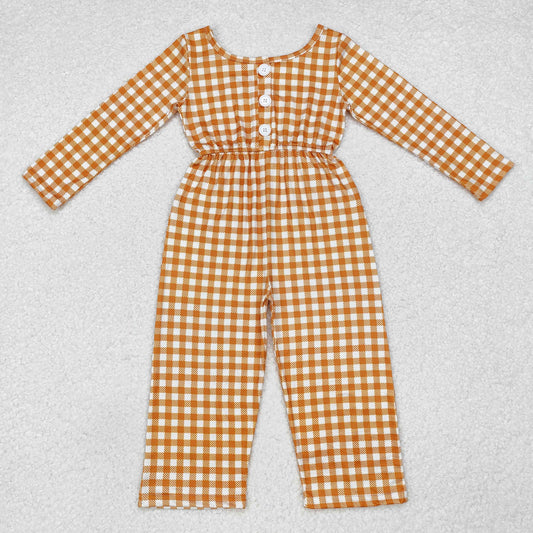 LR1840 Baby Girls Khaki Checkered Long Sleeve Fall Jumpsuit