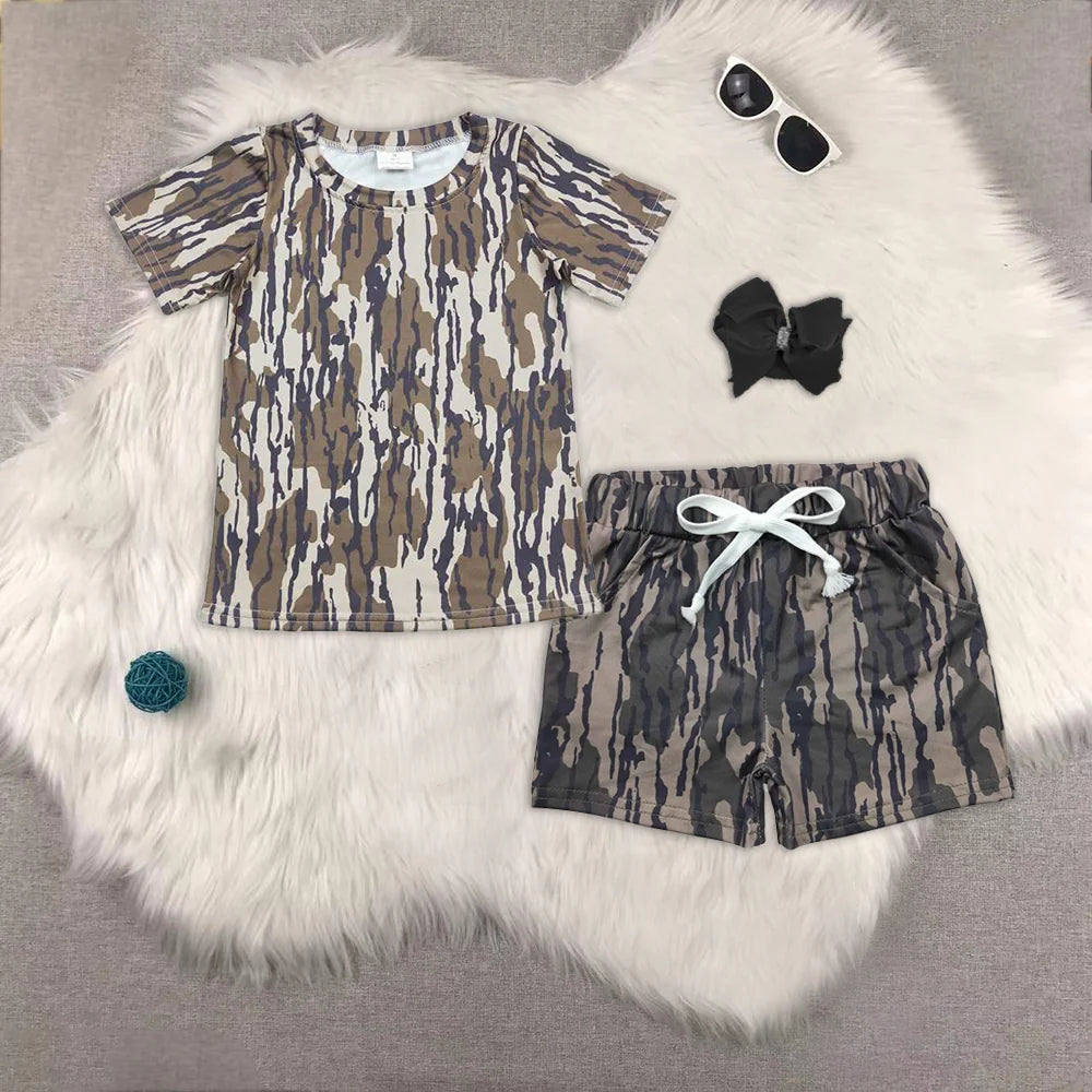 BT0623+SS0201 Baby Boys Bottomland Camo Shirts Top Pockets Shorts Western Set 4.24
