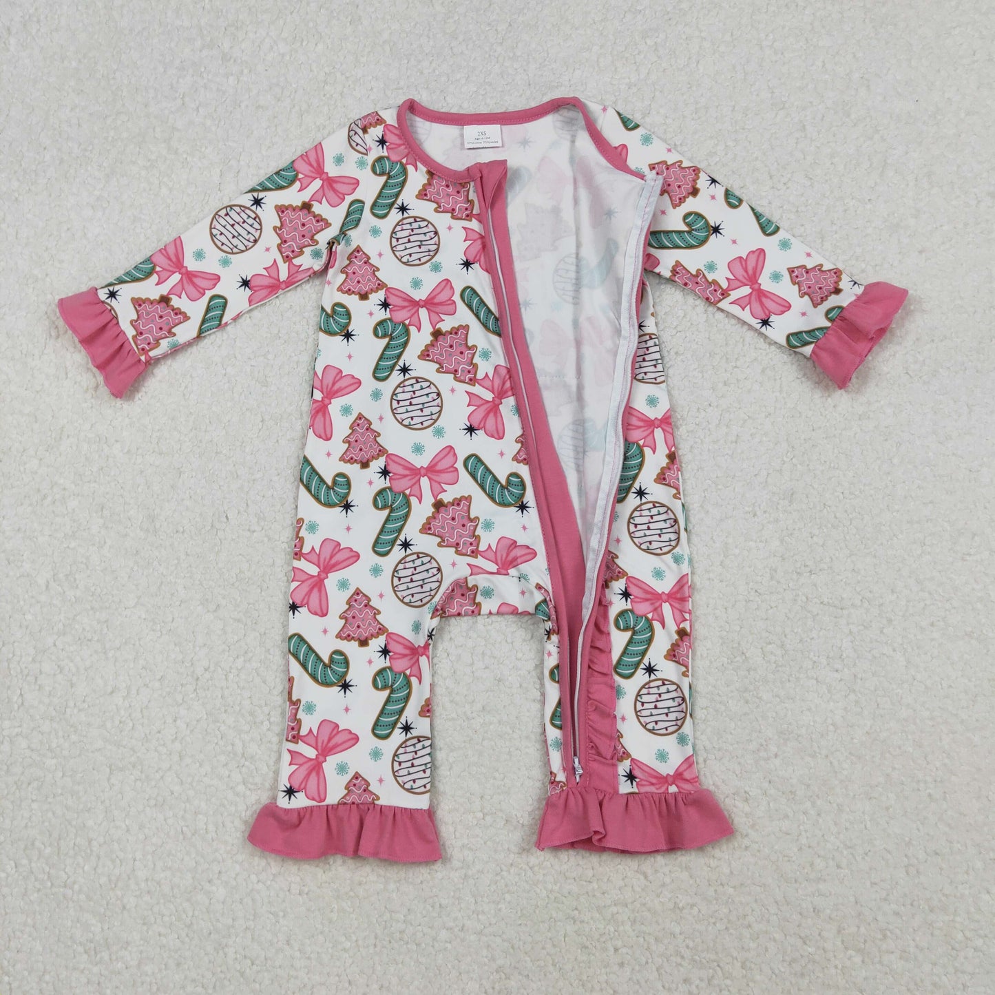 LR2486 Baby Girls Long Sleeves Christmas Trees Candy Cane Ruffle Zipper Romper C10.17