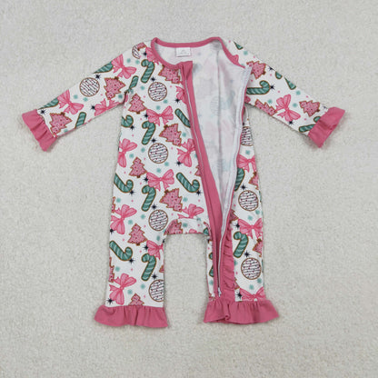 LR2486 Baby Girls Long Sleeves Christmas Trees Candy Cane Ruffle Zipper Romper C10.17