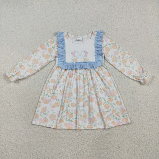 GLD1084 Baby Girls Long Ruffle Sleeves Light Blue Pumpkins Plaid Knee Length Dress 7.12