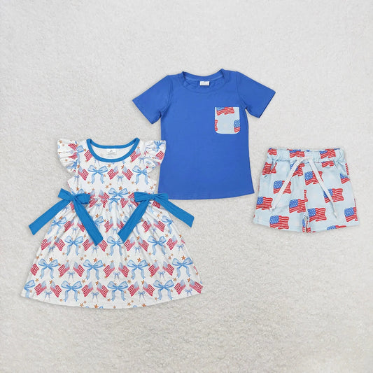 Sibling Baby Kids 4th of July Flags Pocket Shirts Shorts Outfits Knee Length Dresses 4.30
