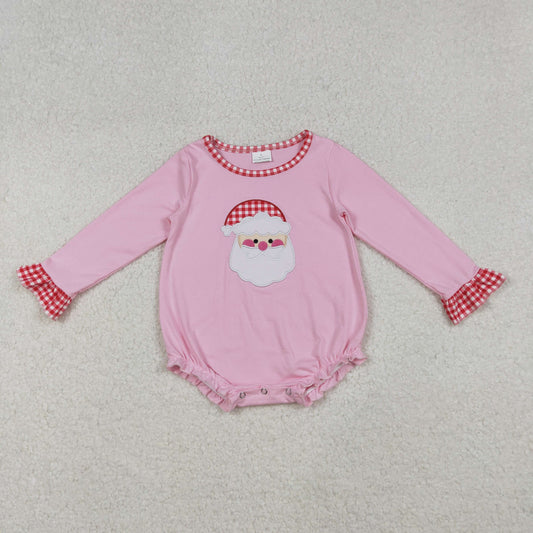 LR1733 Embroidery Santa Baby Girls Pink Long Ruffle Sleeve Christmas Romper C10.6