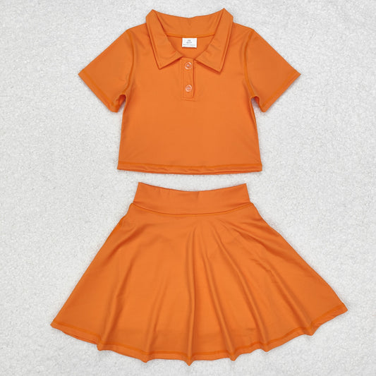 GSD1394 Baby Girls Orange Buttons Shirt Skirt Active Wear Clothes Set