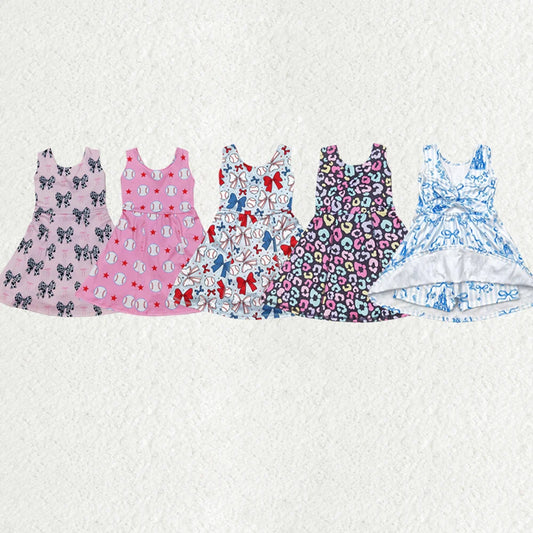 Sibling Baby Girls Strap Bows Baseballs Floral Skorts Yoga Knee Length Dresses 6.5