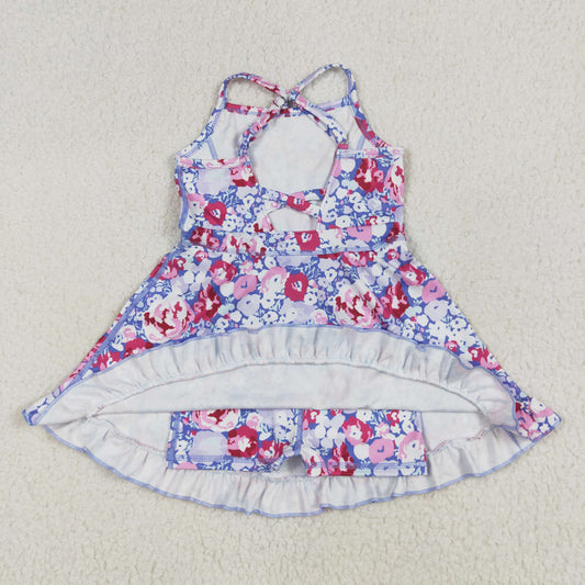 GSD2285 Baby Girls Lavender Strap Colorful Floral Yoga Ruffle Knee Length Dress 6.4