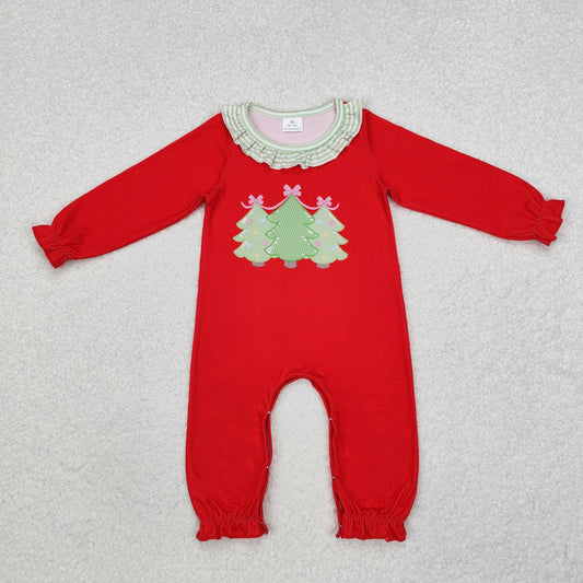 LR1560 Baby Infant Girls Red Christmas Trees Long Sleeve Romper