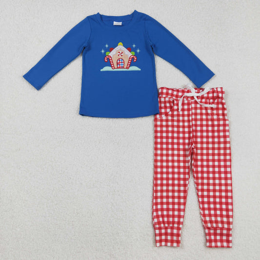 BLP1151 Embroidery Baby Boys Blue Long Sleeves Candy Cane Top Red Plaid Pockets Pant Set C8.27