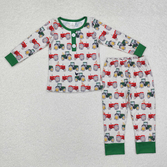 BLP0725 Baby Boys Tractors Farm Green Bamboo Pajamas Clothes Set