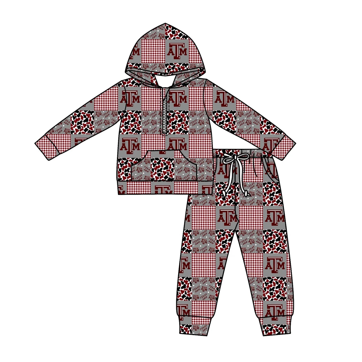 C12.3 Custom Moq 5 Baby Boys Camo ATM Checked Zipper Pockets Hoodies Pants Team Clothes Sets